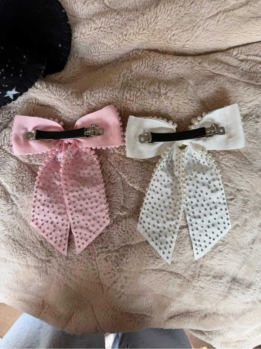Pearl Bow Hair Clips - Pink and white set of two